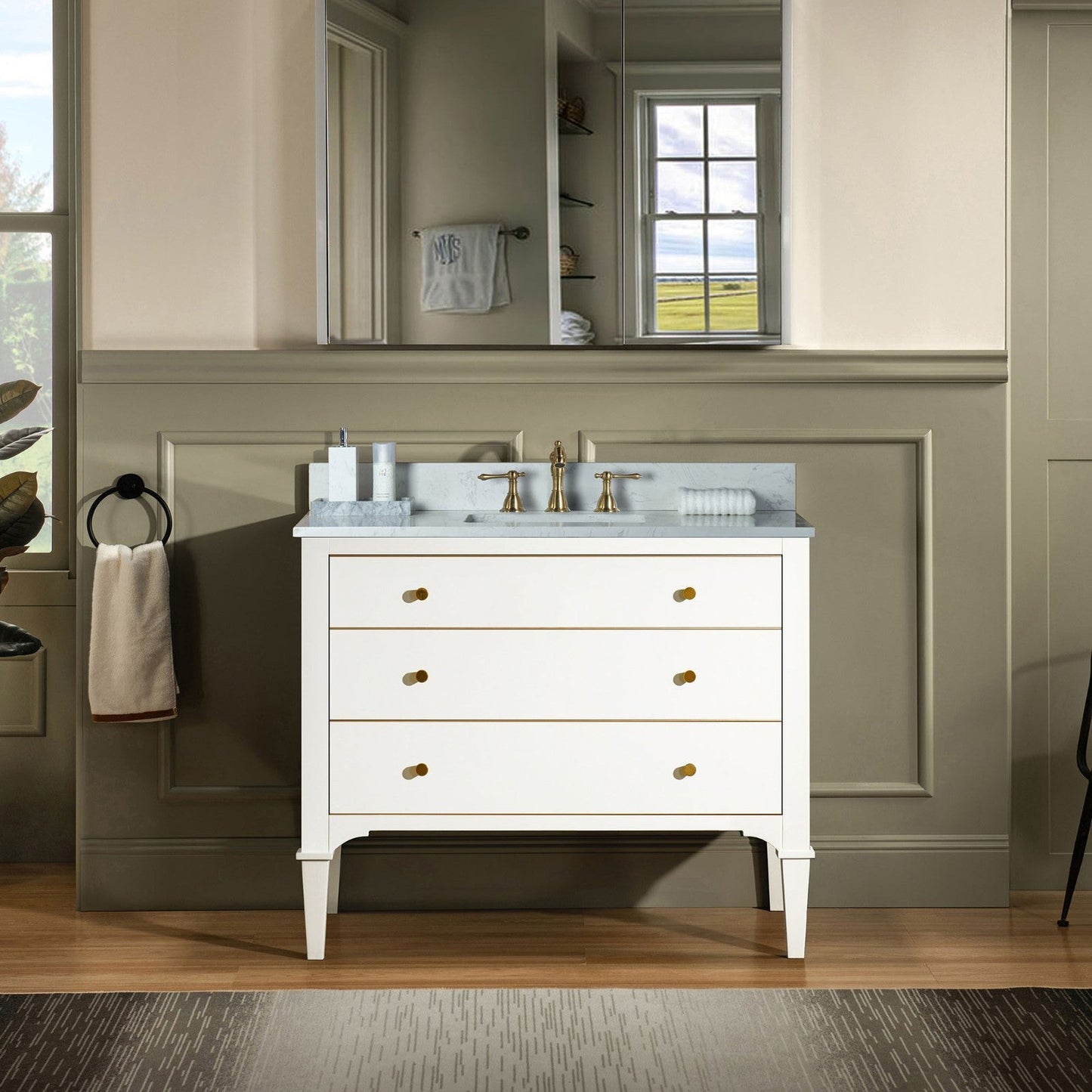 Woodbridge Roma 43" White Solid Wood Vanity Base With Gold Hardware and Carrara Engineered Stone Composite Top With 3 Pre-Drilled Holes