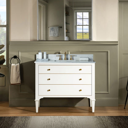 Woodbridge Roma 43" White Solid Wood Vanity Base With Gold Hardware and Carrara Engineered Stone Composite Top With 3 Pre-Drilled Holes