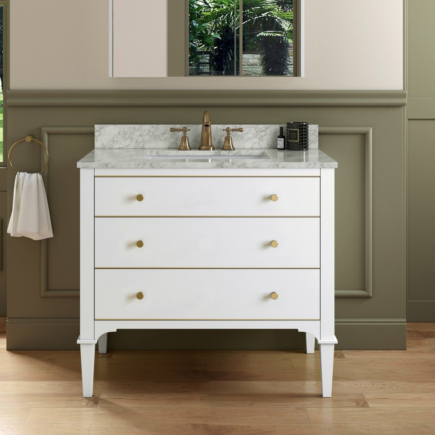 Woodbridge Roma 43" White Solid Wood Vanity Base With Gold Hardware and Carrara Marble Top With 3 Pre-Drilled Holes