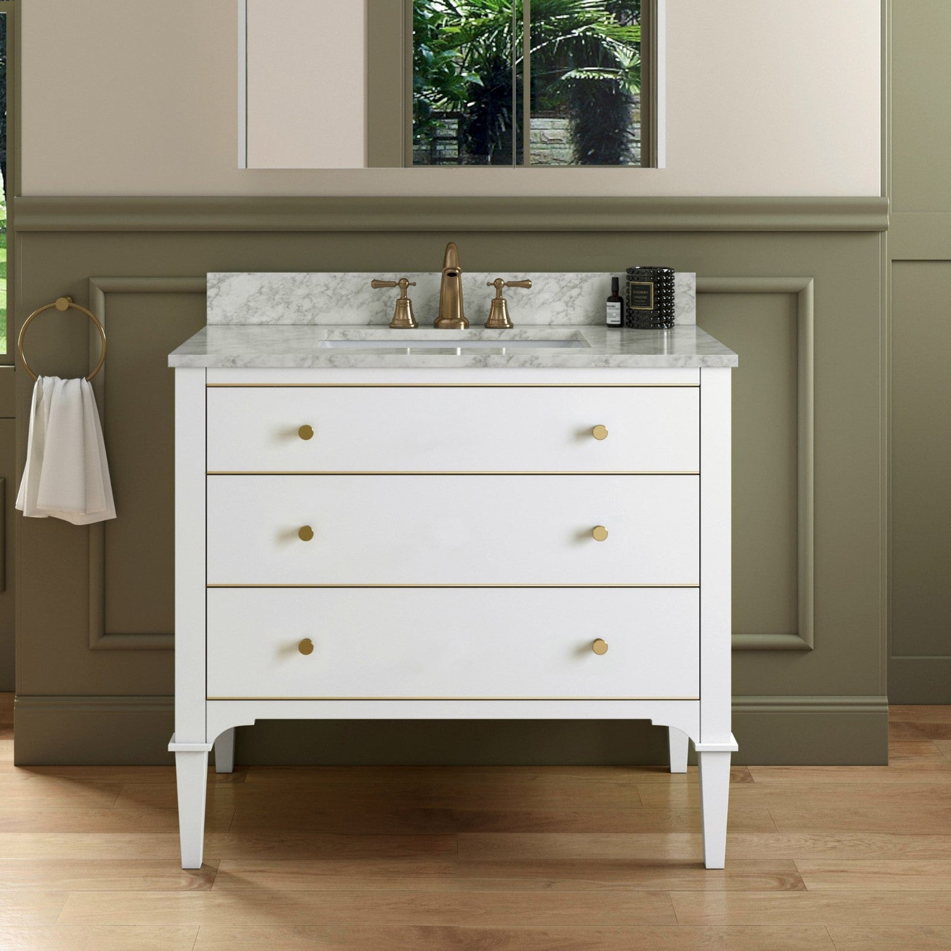 Woodbridge Roma 43" White Solid Wood Vanity Base With Gold Hardware and Carrara Marble Top With 3 Pre-Drilled Holes