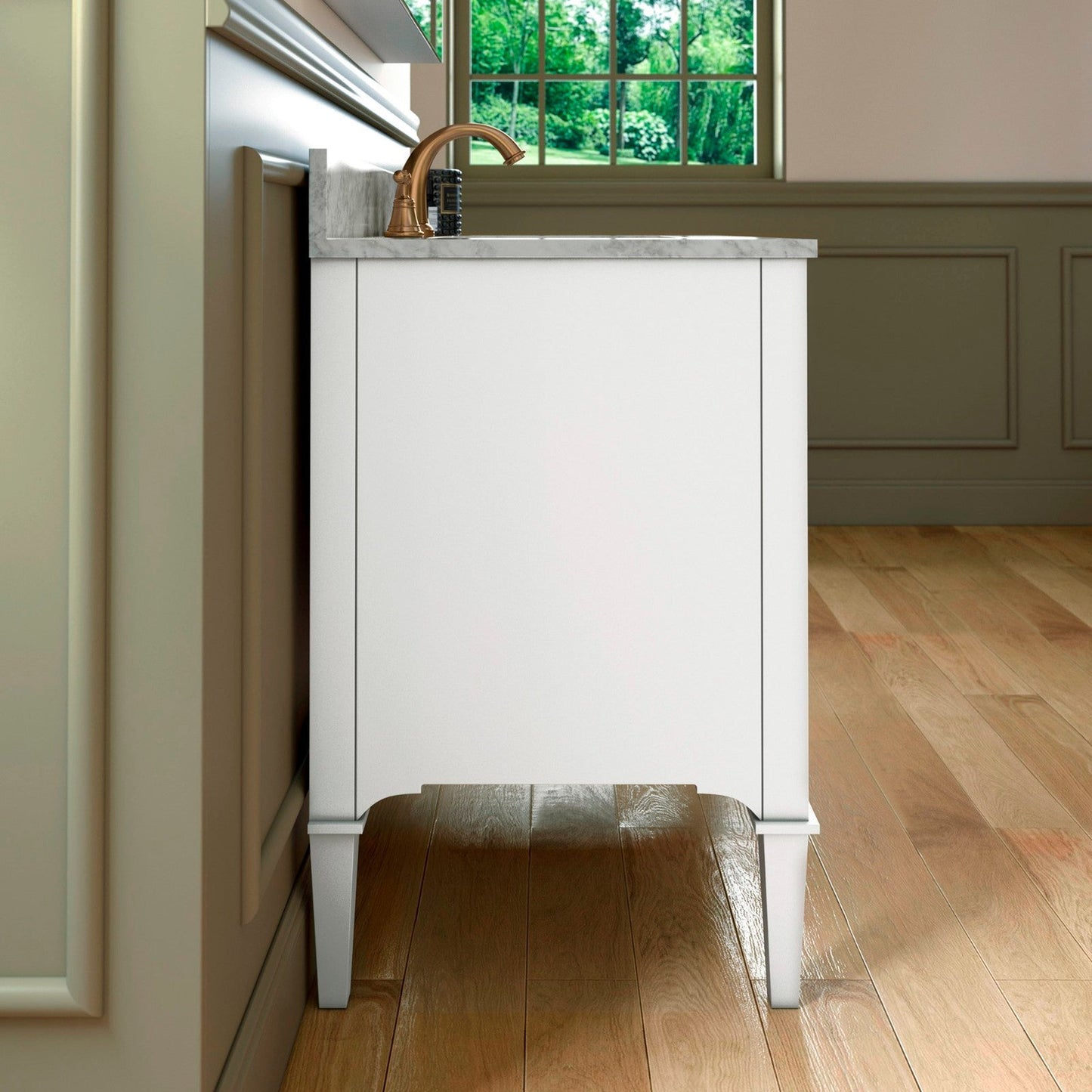 Woodbridge Roma 43" White Solid Wood Vanity Base With Gold Hardware and Carrara Marble Top With 3 Pre-Drilled Holes
