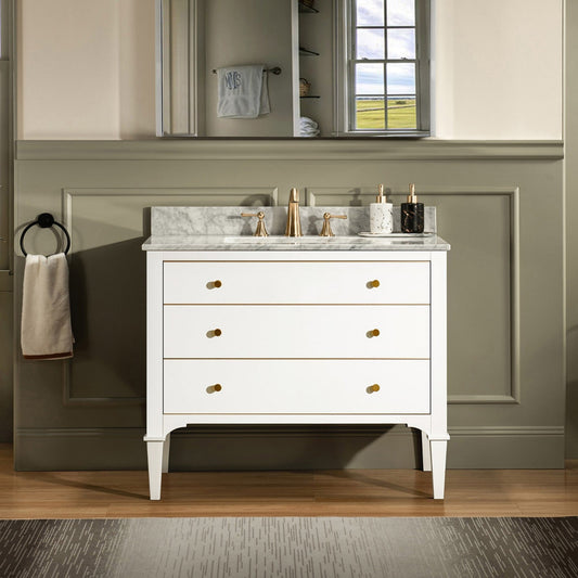 Woodbridge Roma 43" White Solid Wood Vanity Base With Gold Hardware and Carrara Marble Top With 3 Pre-Drilled Holes