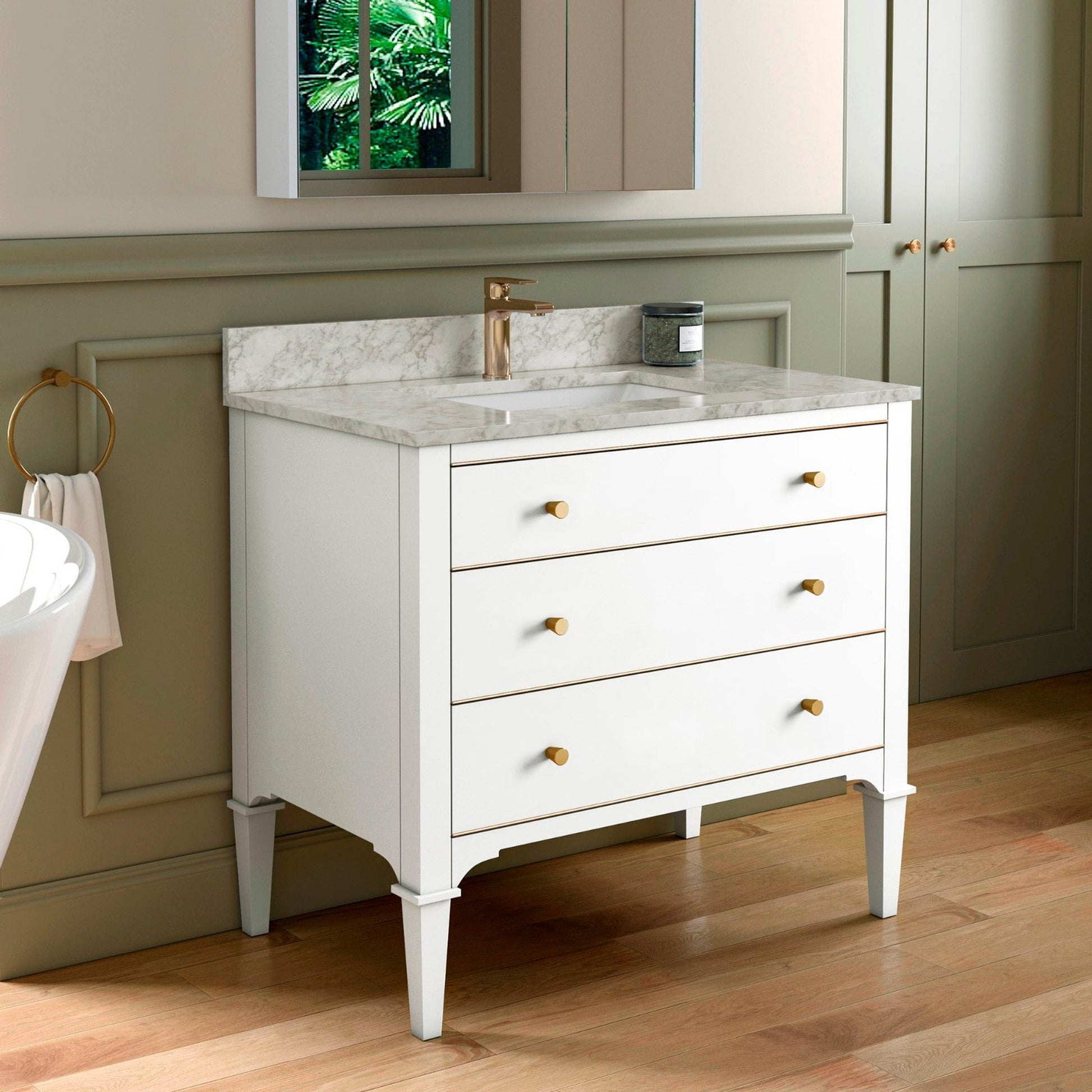 Woodbridge Roma 43" White Solid Wood Vanity Base With Gold Hardware and Carrara Marble Top With Pre-Drilled Hole for Single Hole Faucet