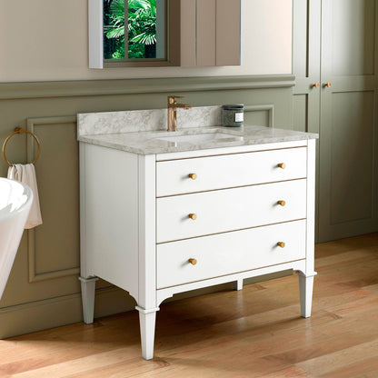 Woodbridge Roma 43" White Solid Wood Vanity Base With Gold Hardware and Carrara Marble Top With Pre-Drilled Hole for Single Hole Faucet