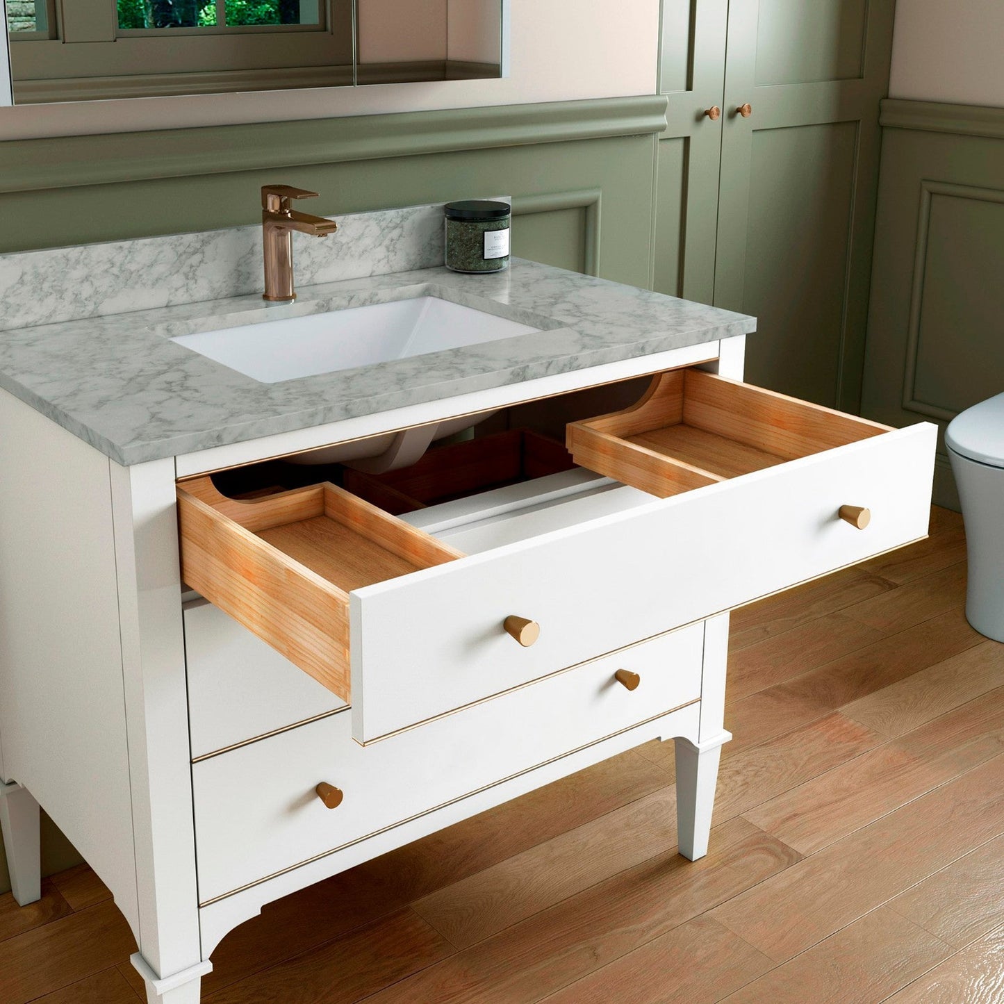 Woodbridge Roma 43" White Solid Wood Vanity Base With Gold Hardware and Carrara Marble Top With Pre-Drilled Hole for Single Hole Faucet