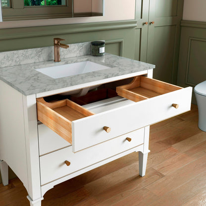 Woodbridge Roma 43" White Solid Wood Vanity Base With Gold Hardware and Carrara Marble Top With Pre-Drilled Hole for Single Hole Faucet