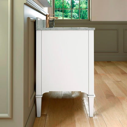 Woodbridge Roma 43" White Solid Wood Vanity Base With Gold Hardware and Carrara Marble Top With Pre-Drilled Hole for Single Hole Faucet