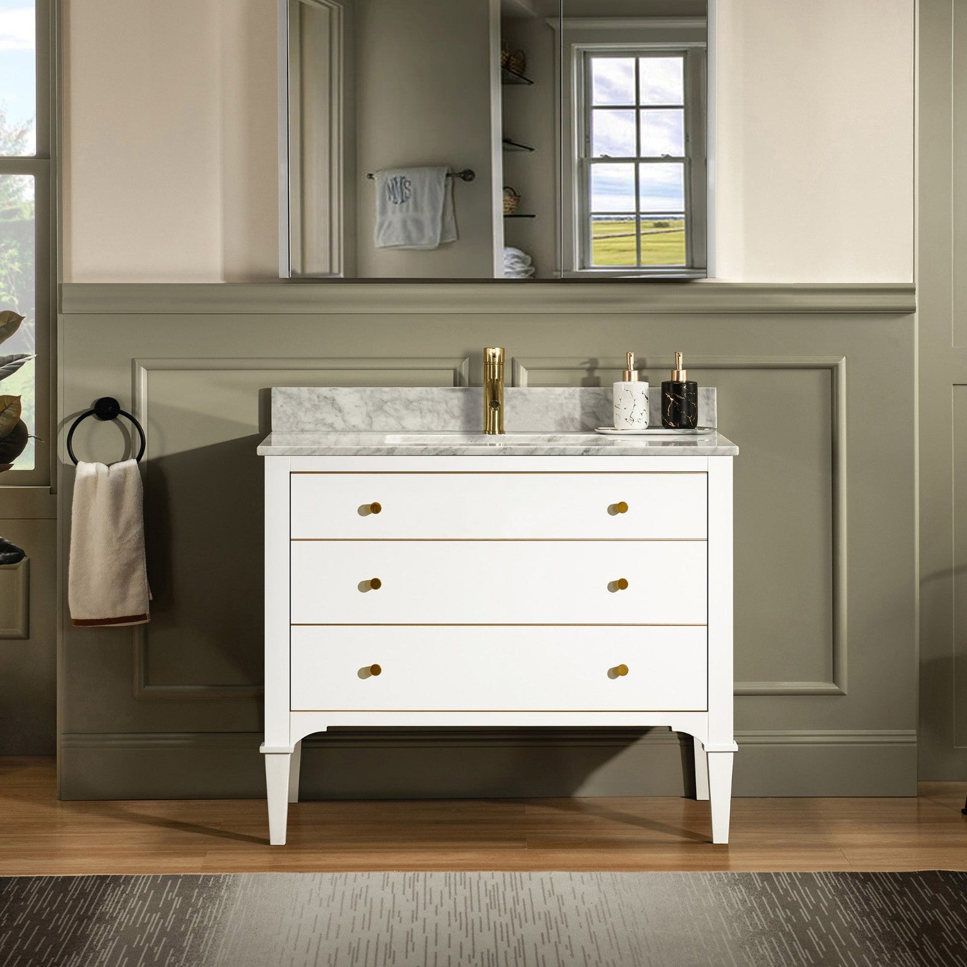 Woodbridge Roma 43" White Solid Wood Vanity Base With Gold Hardware and Carrara Marble Top With Pre-Drilled Hole for Single Hole Faucet