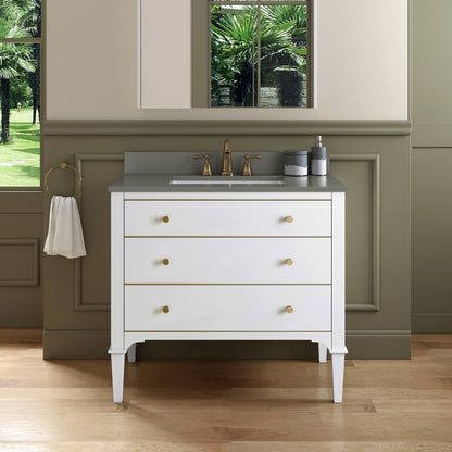 Woodbridge Roma 43" White Solid Wood Vanity Base With Gold Hardware and Dark Gray Engineered Stone Composite Top With 3 Pre-Drilled Holes
