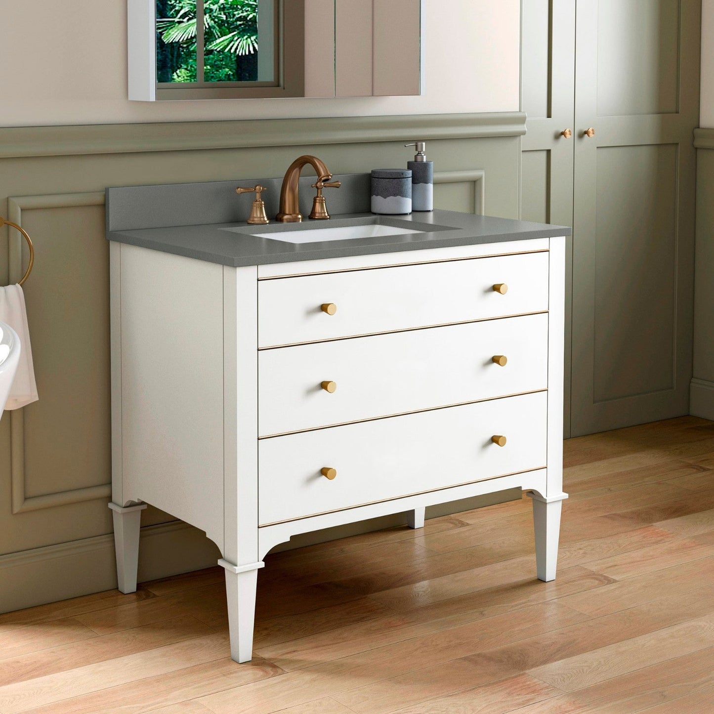 Woodbridge Roma 43" White Solid Wood Vanity Base With Gold Hardware and Dark Gray Engineered Stone Composite Top With 3 Pre-Drilled Holes