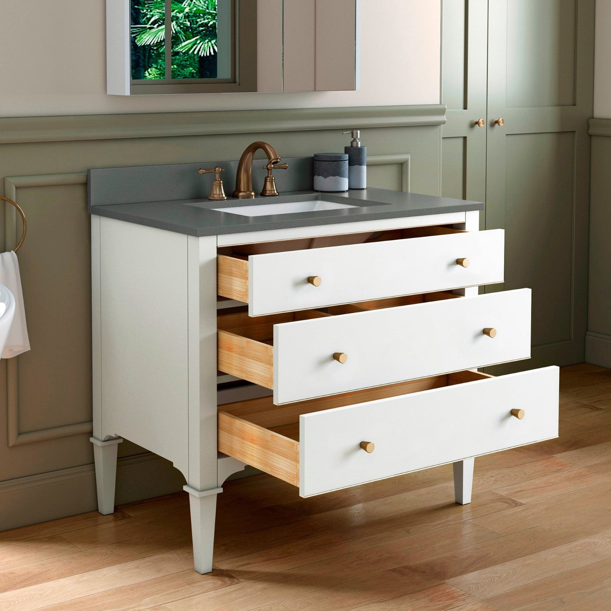 Woodbridge Roma 43" White Solid Wood Vanity Base With Gold Hardware and Dark Gray Engineered Stone Composite Top With 3 Pre-Drilled Holes