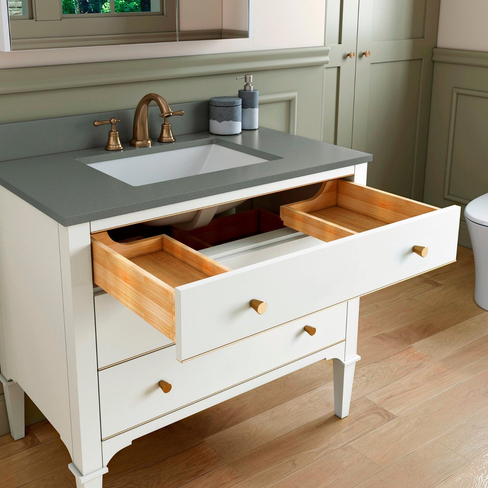 Woodbridge Roma 43" White Solid Wood Vanity Base With Gold Hardware and Dark Gray Engineered Stone Composite Top With 3 Pre-Drilled Holes