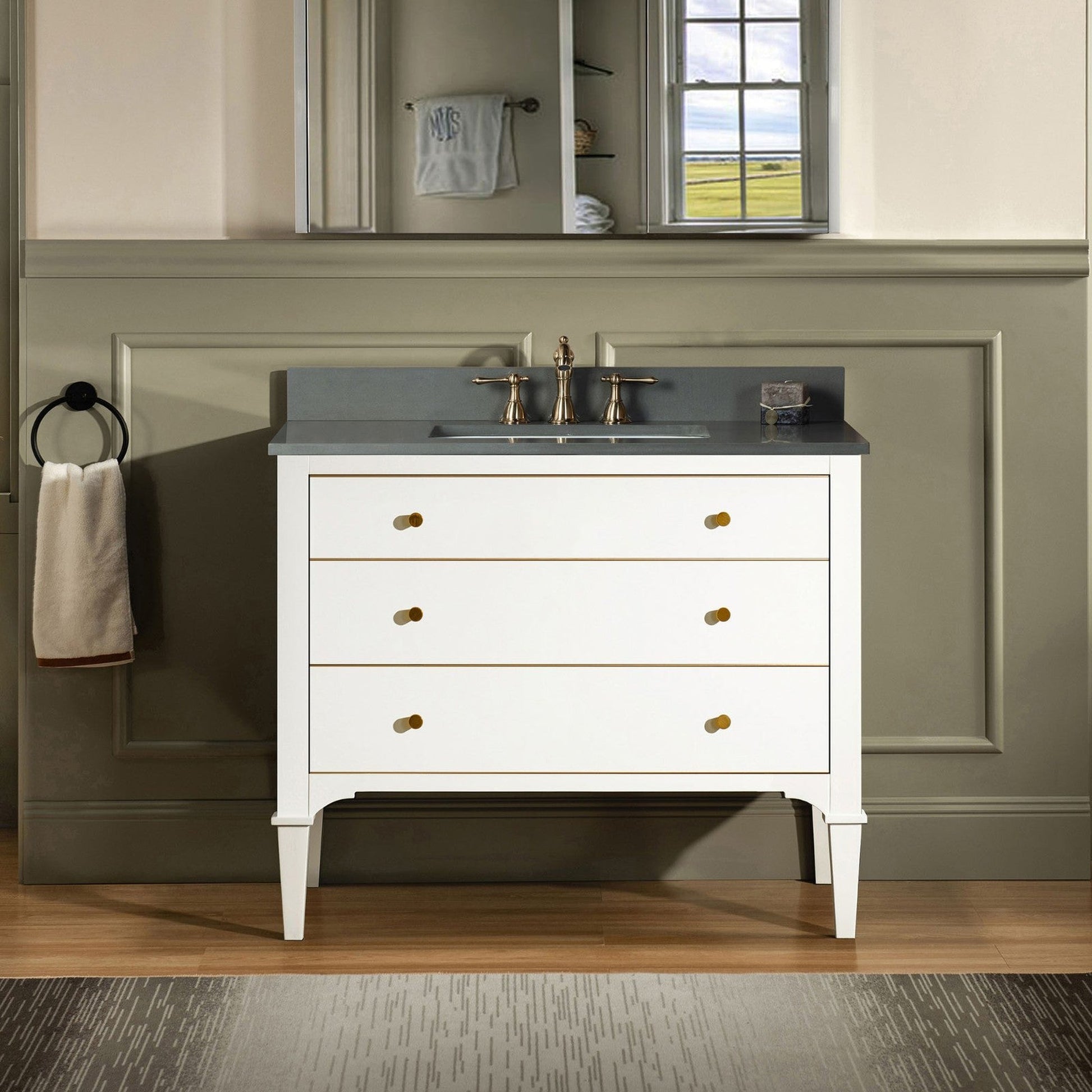 Woodbridge Roma 43" White Solid Wood Vanity Base With Gold Hardware and Dark Gray Engineered Stone Composite Top With 3 Pre-Drilled Holes