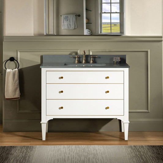 Woodbridge Roma 43" White Solid Wood Vanity Base With Gold Hardware and Dark Gray Engineered Stone Composite Top With 3 Pre-Drilled Holes