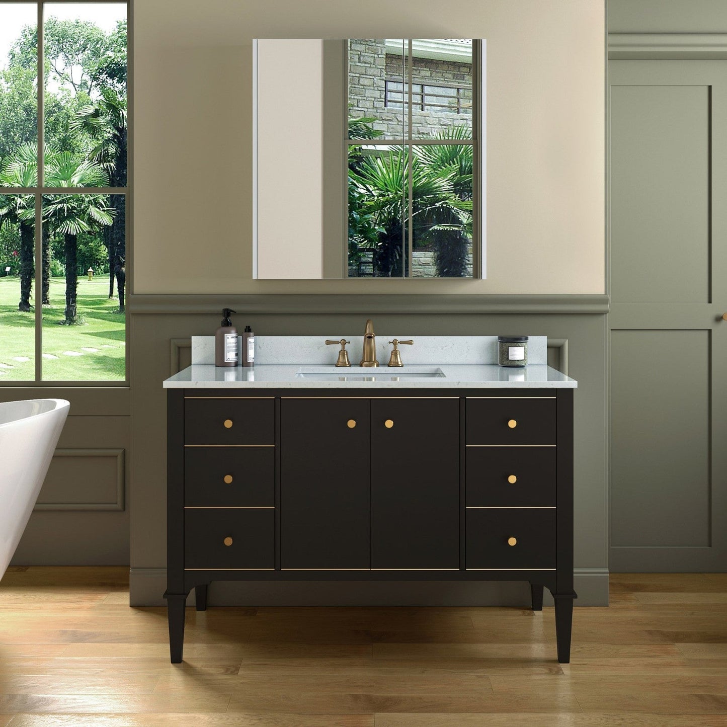 Woodbridge Roma 48" Espresso Solid Wood Vanity Base With Gold Hardware and Carrara Engineered Stone Composite Top With 3 Pre-Drilled Holes