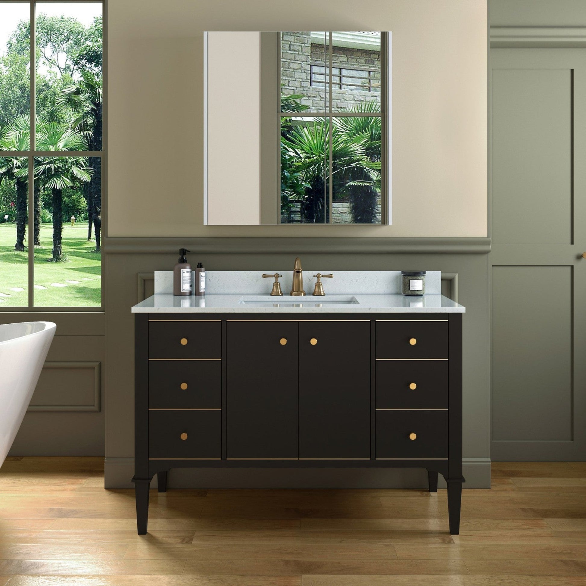 Woodbridge Roma 48" Espresso Solid Wood Vanity Base With Gold Hardware and Carrara Engineered Stone Composite Top With 3 Pre-Drilled Holes