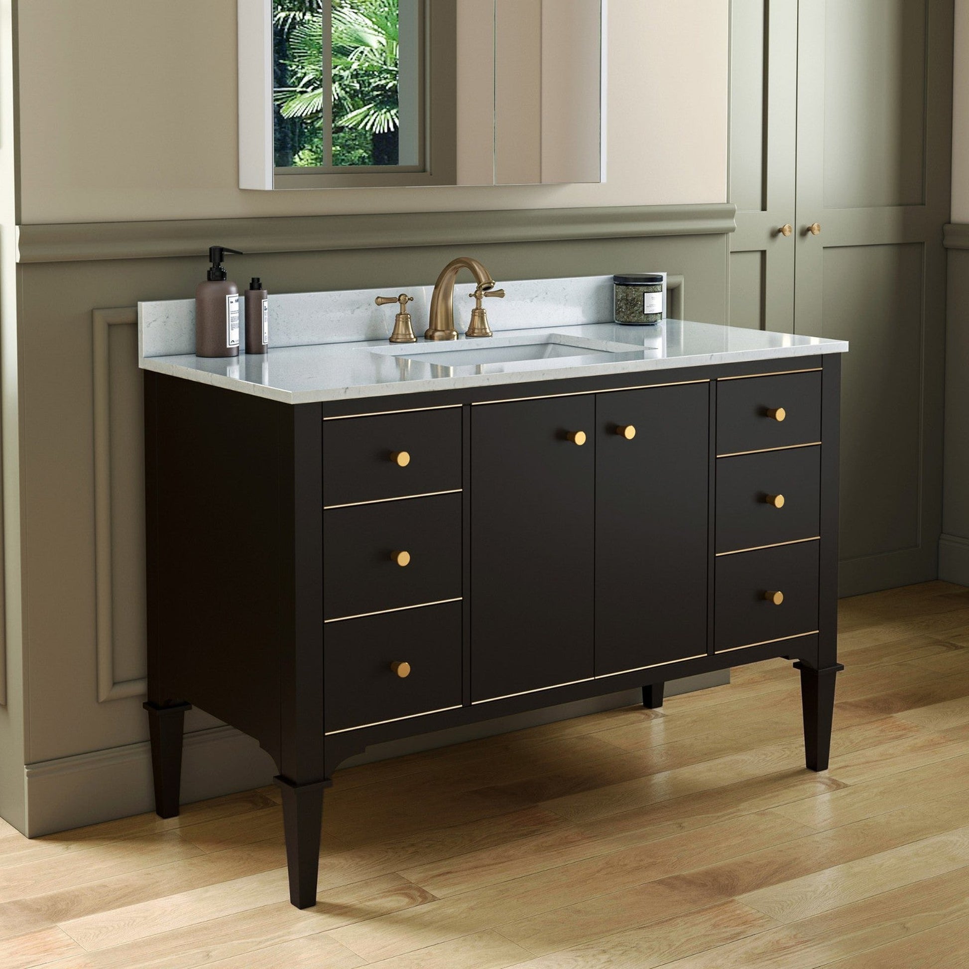Woodbridge Roma 48" Espresso Solid Wood Vanity Base With Gold Hardware and Carrara Engineered Stone Composite Top With 3 Pre-Drilled Holes