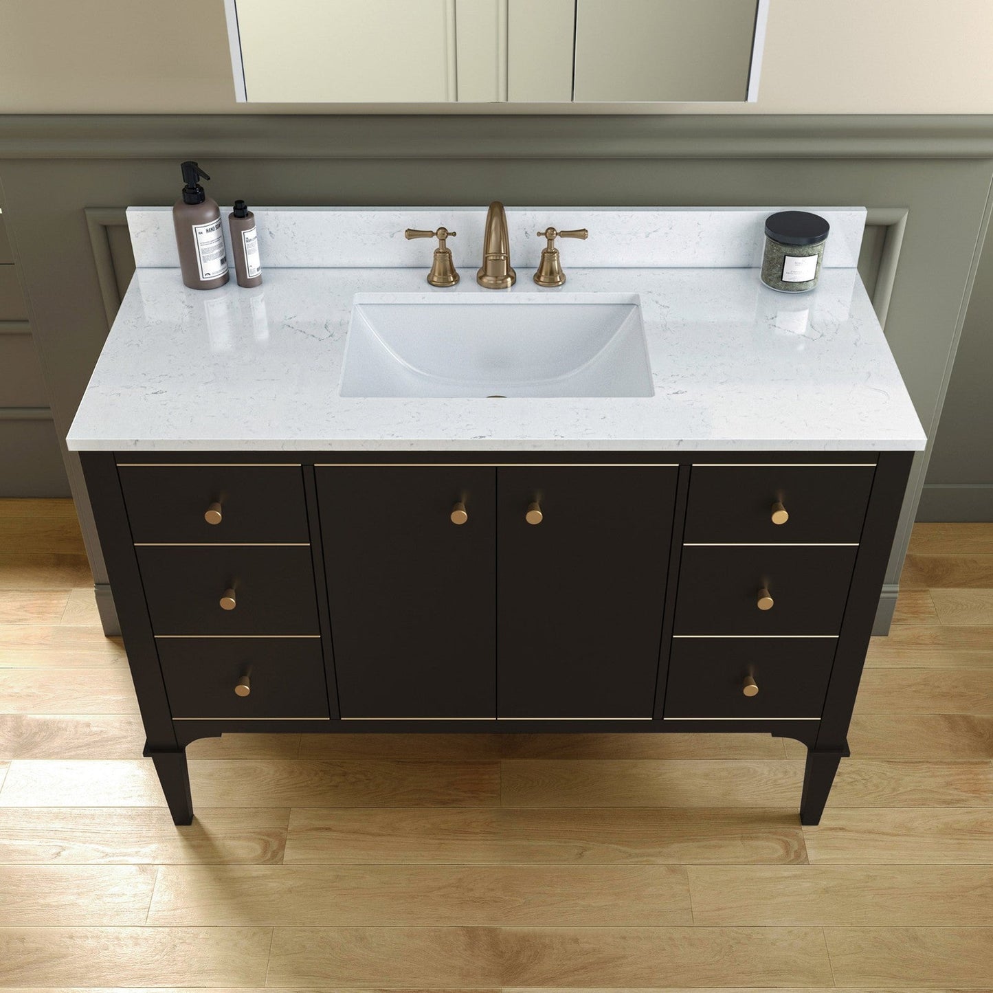 Woodbridge Roma 48" Espresso Solid Wood Vanity Base With Gold Hardware and Carrara Engineered Stone Composite Top With 3 Pre-Drilled Holes