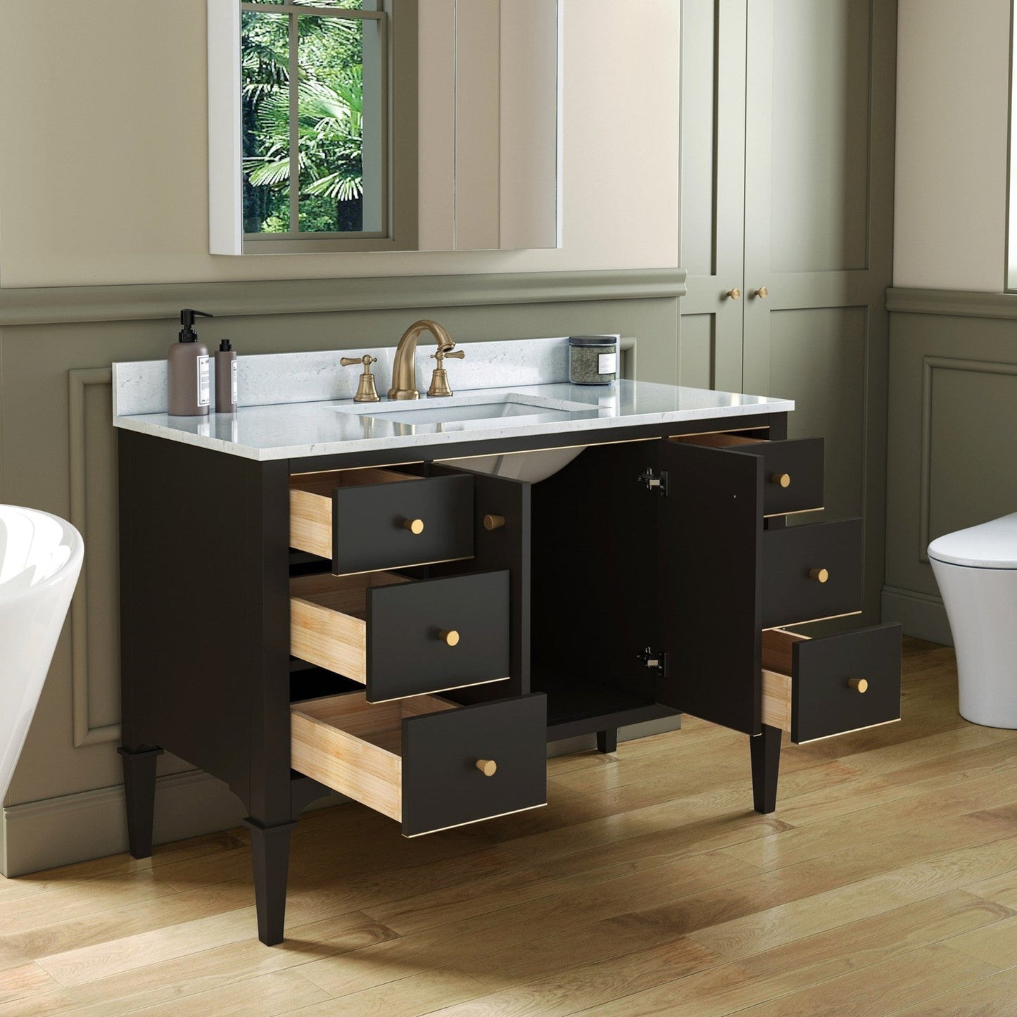 Woodbridge Roma 48" Espresso Solid Wood Vanity Base With Gold Hardware and Carrara Engineered Stone Composite Top With 3 Pre-Drilled Holes