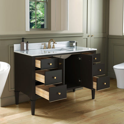 Woodbridge Roma 48" Espresso Solid Wood Vanity Base With Gold Hardware and Carrara Engineered Stone Composite Top With 3 Pre-Drilled Holes