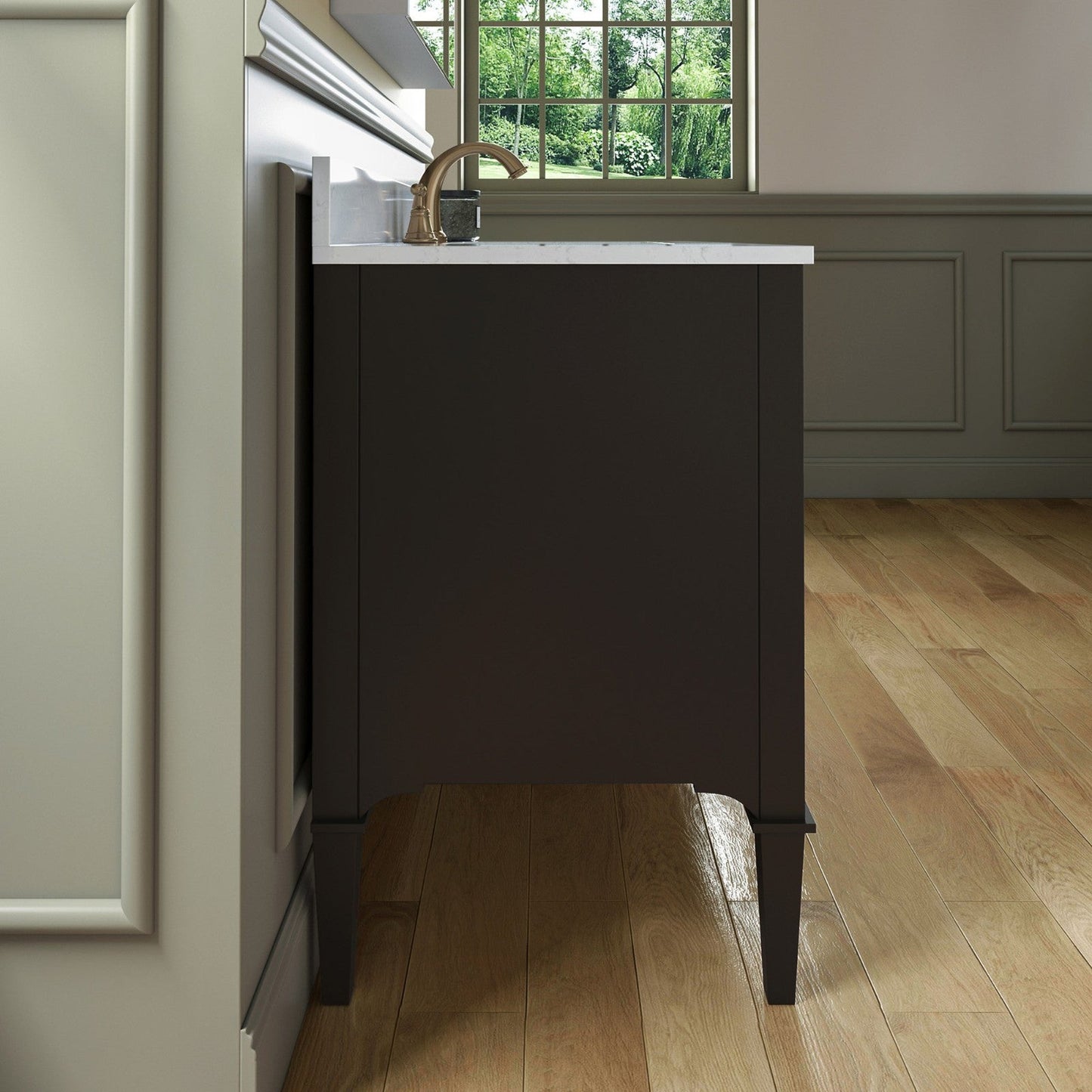 Woodbridge Roma 48" Espresso Solid Wood Vanity Base With Gold Hardware and Carrara Engineered Stone Composite Top With 3 Pre-Drilled Holes
