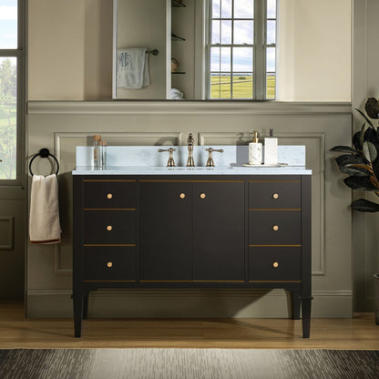 Woodbridge Roma 48" Espresso Solid Wood Vanity Base With Gold Hardware and Carrara Engineered Stone Composite Top With 3 Pre-Drilled Holes