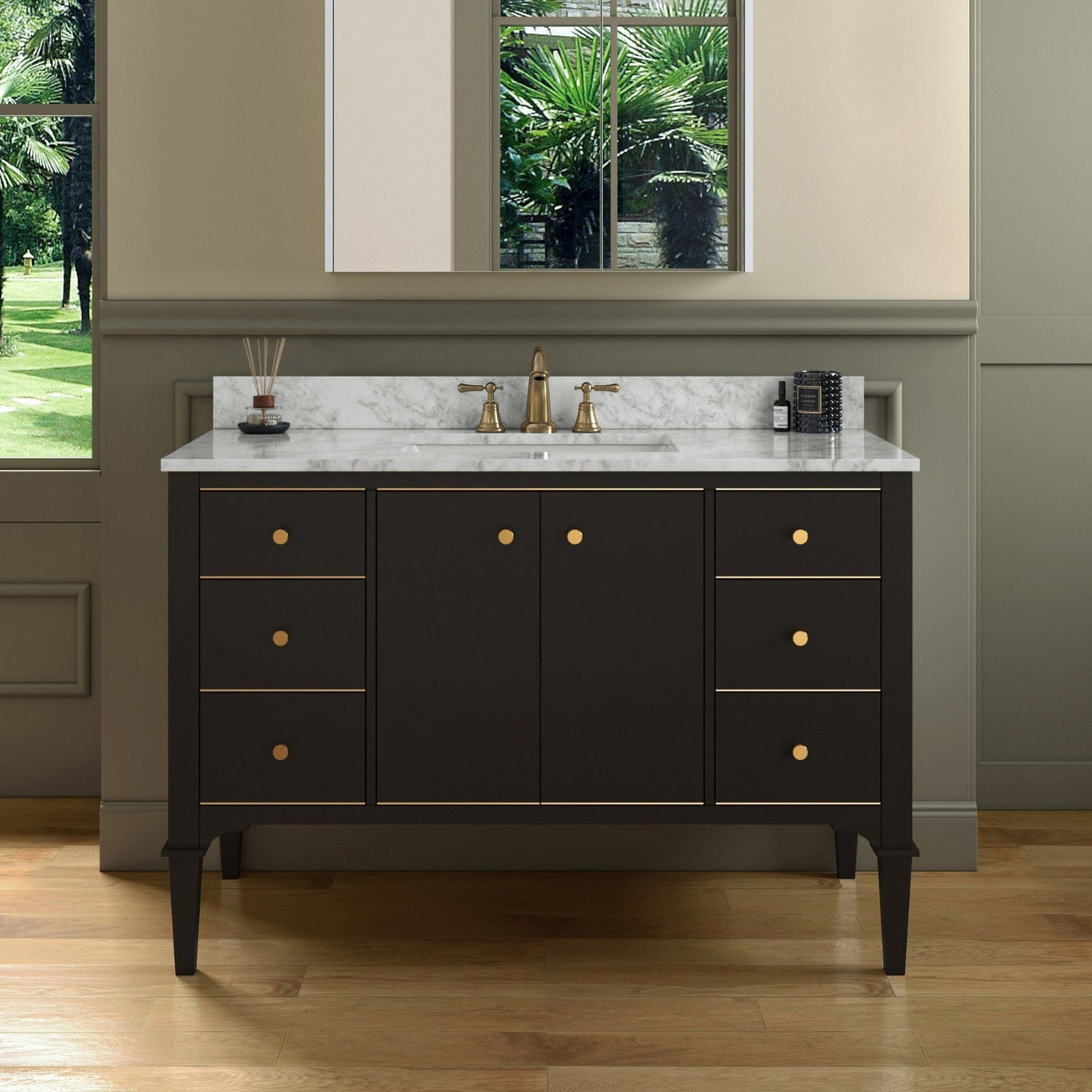 Woodbridge Roma 48" Espresso Solid Wood Vanity Base With Gold Hardware and Carrara Marble Top With 3 Pre-Drilled Holes