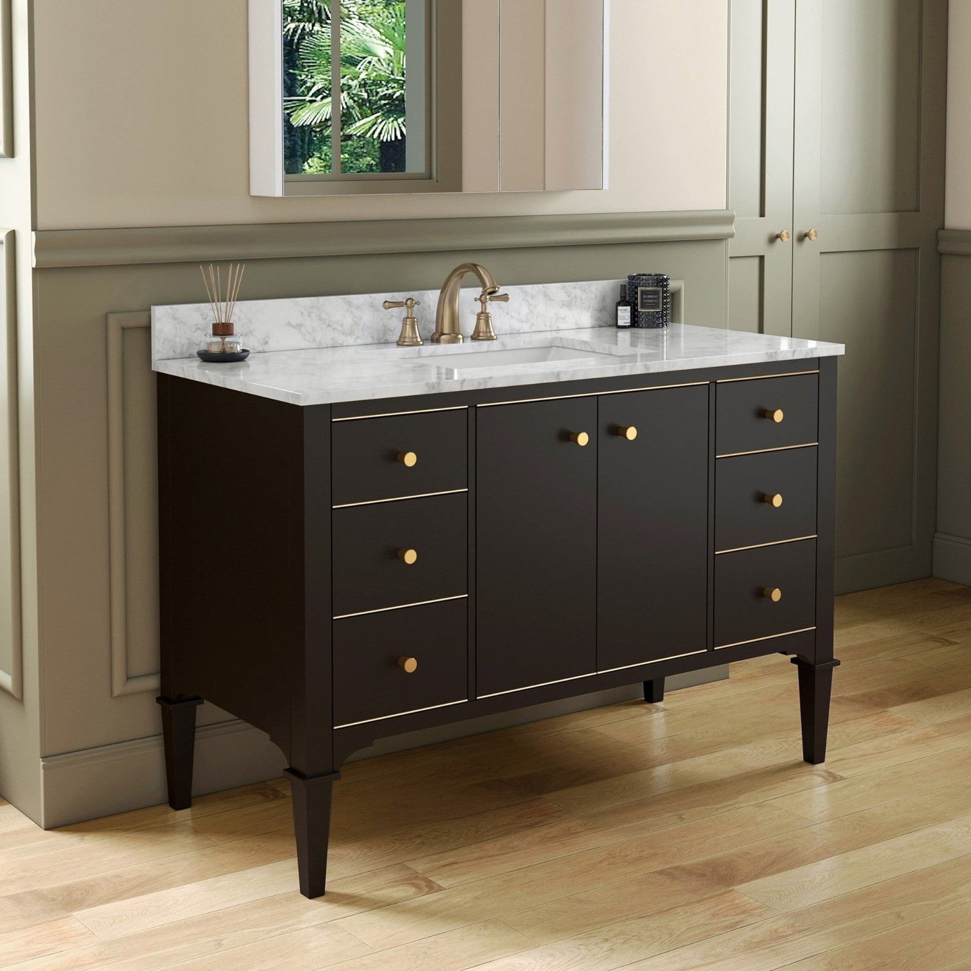 Woodbridge Roma 48" Espresso Solid Wood Vanity Base With Gold Hardware and Carrara Marble Top With 3 Pre-Drilled Holes