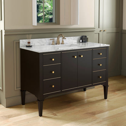 Woodbridge Roma 48" Espresso Solid Wood Vanity Base With Gold Hardware and Carrara Marble Top With 3 Pre-Drilled Holes