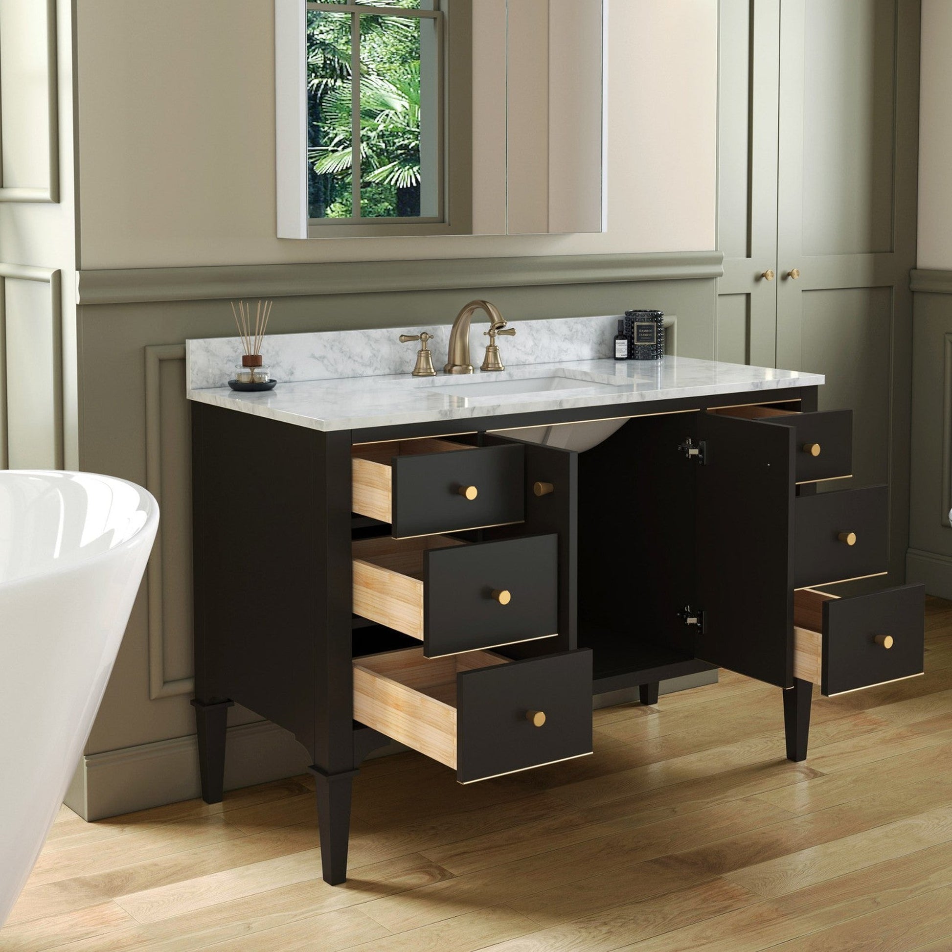Woodbridge Roma 48" Espresso Solid Wood Vanity Base With Gold Hardware and Carrara Marble Top With 3 Pre-Drilled Holes