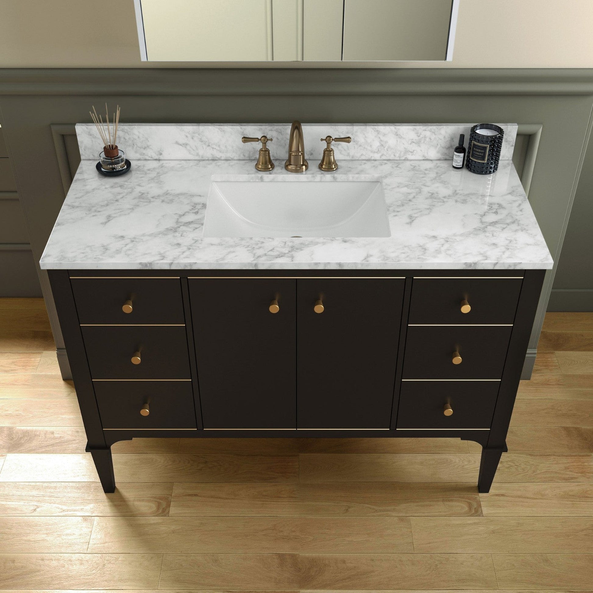 Woodbridge Roma 48" Espresso Solid Wood Vanity Base With Gold Hardware and Carrara Marble Top With 3 Pre-Drilled Holes