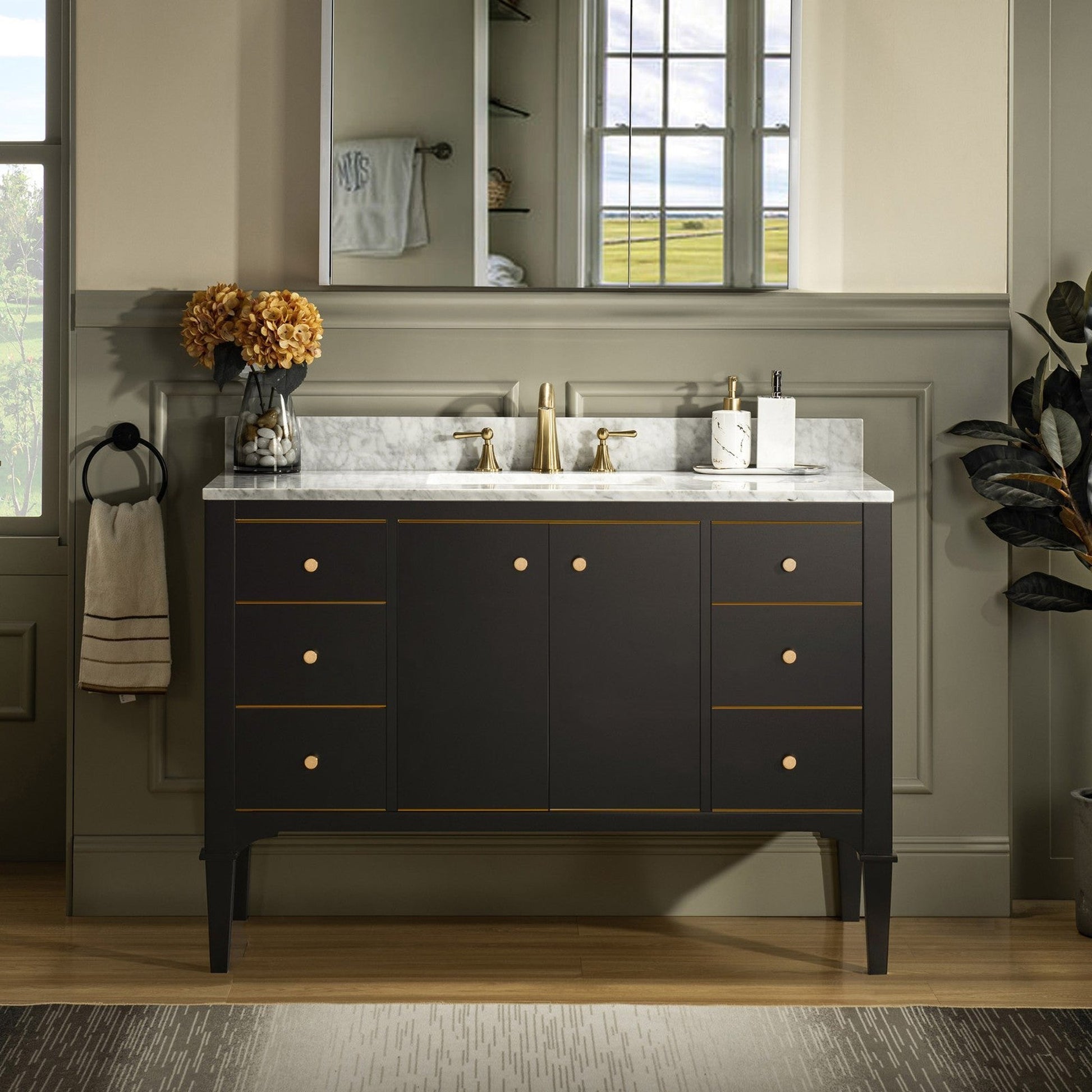 Woodbridge Roma 48" Espresso Solid Wood Vanity Base With Gold Hardware and Carrara Marble Top With 3 Pre-Drilled Holes