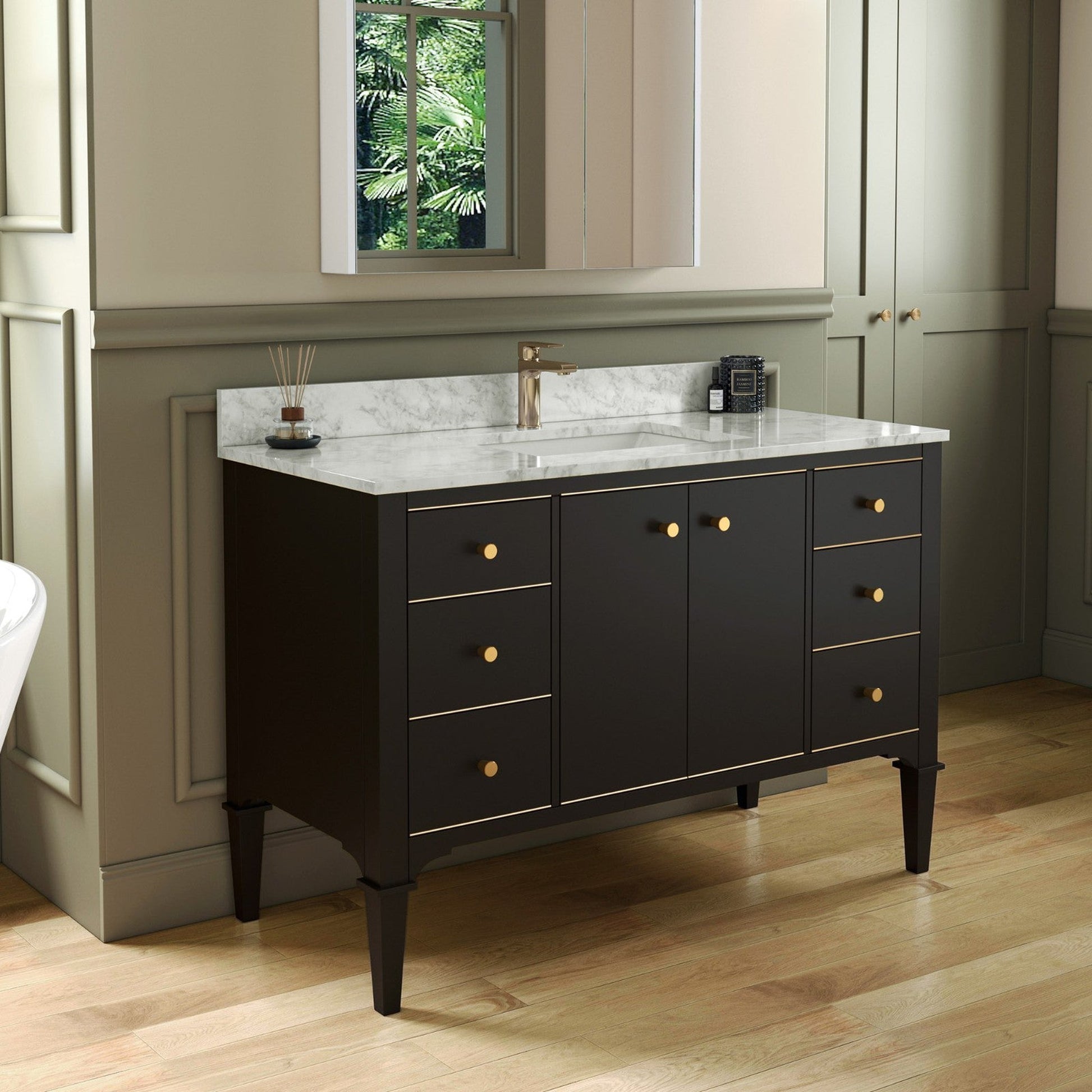 Woodbridge Roma 48" Espresso Solid Wood Vanity Base With Gold Hardware and Carrara Marble Top With Pre-Drilled Hole for Single Hole Faucet