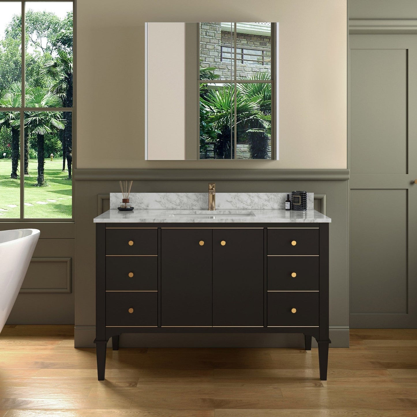 Woodbridge Roma 48" Espresso Solid Wood Vanity Base With Gold Hardware and Carrara Marble Top With Pre-Drilled Hole for Single Hole Faucet