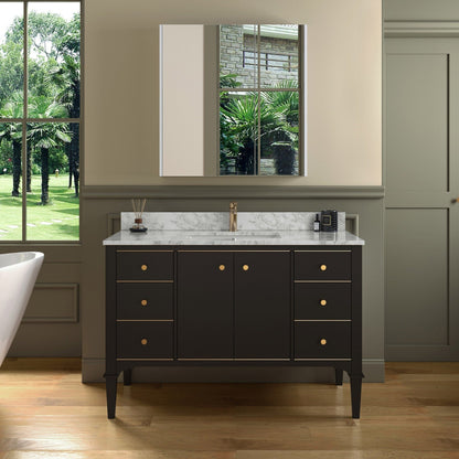 Woodbridge Roma 48" Espresso Solid Wood Vanity Base With Gold Hardware and Carrara Marble Top With Pre-Drilled Hole for Single Hole Faucet