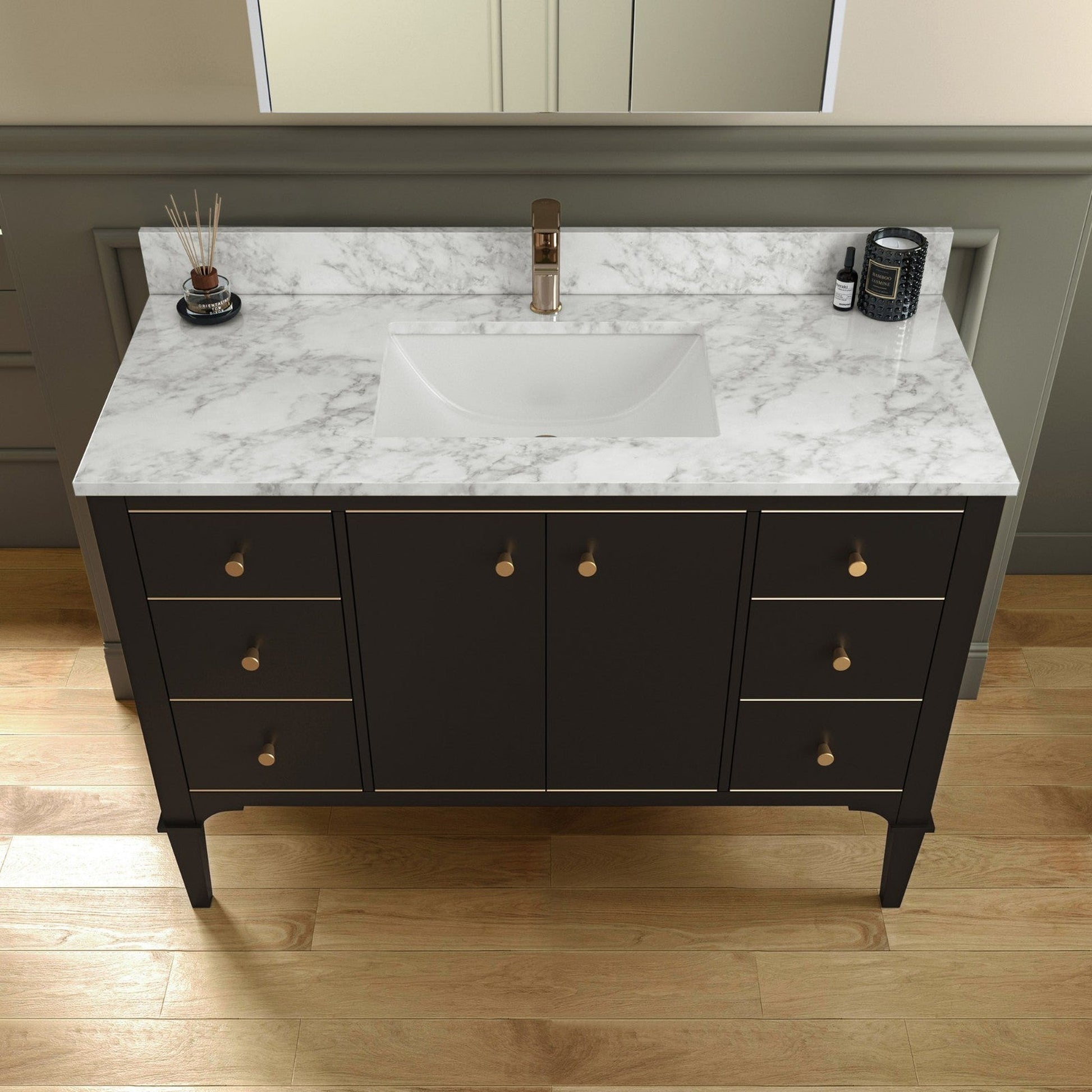 Woodbridge Roma 48" Espresso Solid Wood Vanity Base With Gold Hardware and Carrara Marble Top With Pre-Drilled Hole for Single Hole Faucet