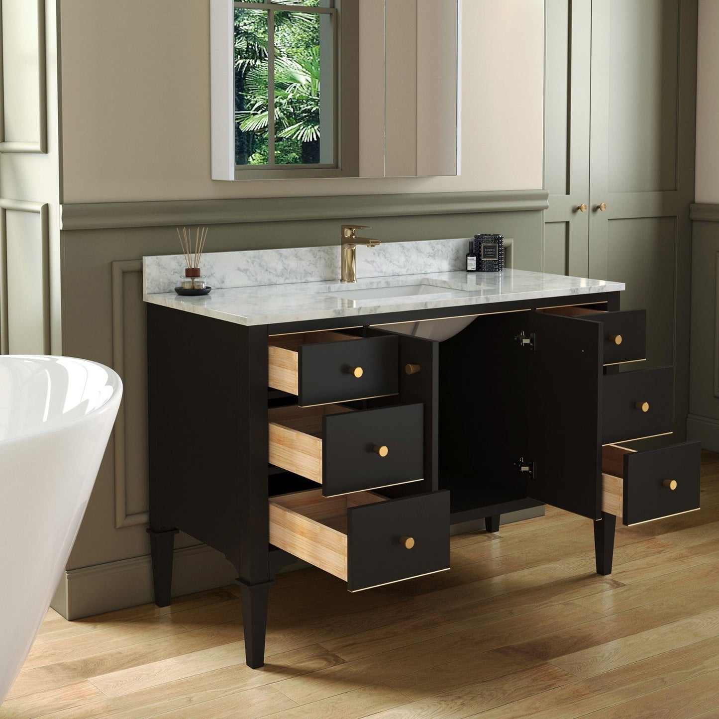 Woodbridge Roma 48" Espresso Solid Wood Vanity Base With Gold Hardware and Carrara Marble Top With Pre-Drilled Hole for Single Hole Faucet