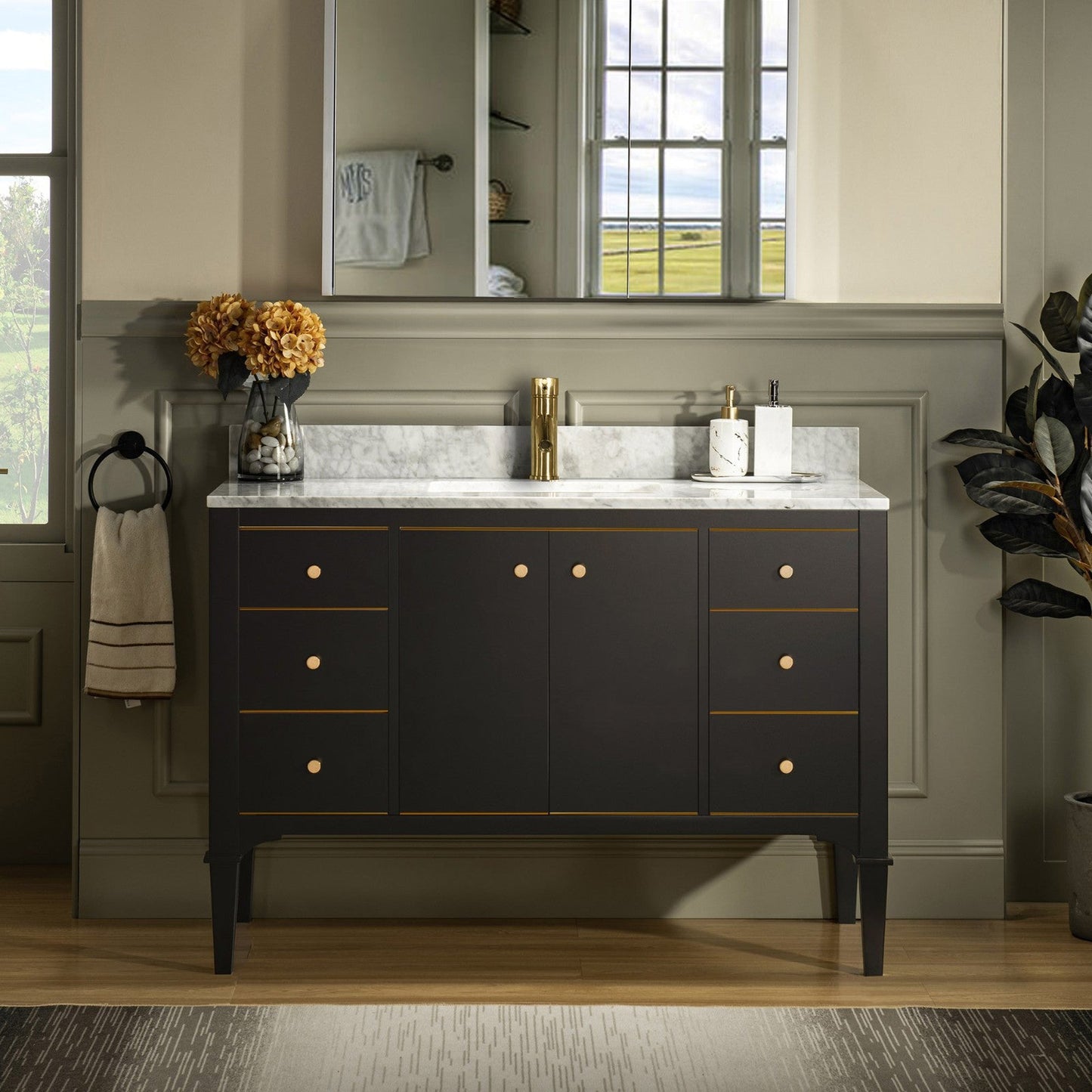 Woodbridge Roma 48" Espresso Solid Wood Vanity Base With Gold Hardware and Carrara Marble Top With Pre-Drilled Hole for Single Hole Faucet