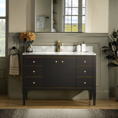 Woodbridge Roma 48" Espresso Solid Wood Vanity Base With Gold Hardware and Carrara Marble Top With Pre-Drilled Hole for Single Hole Faucet