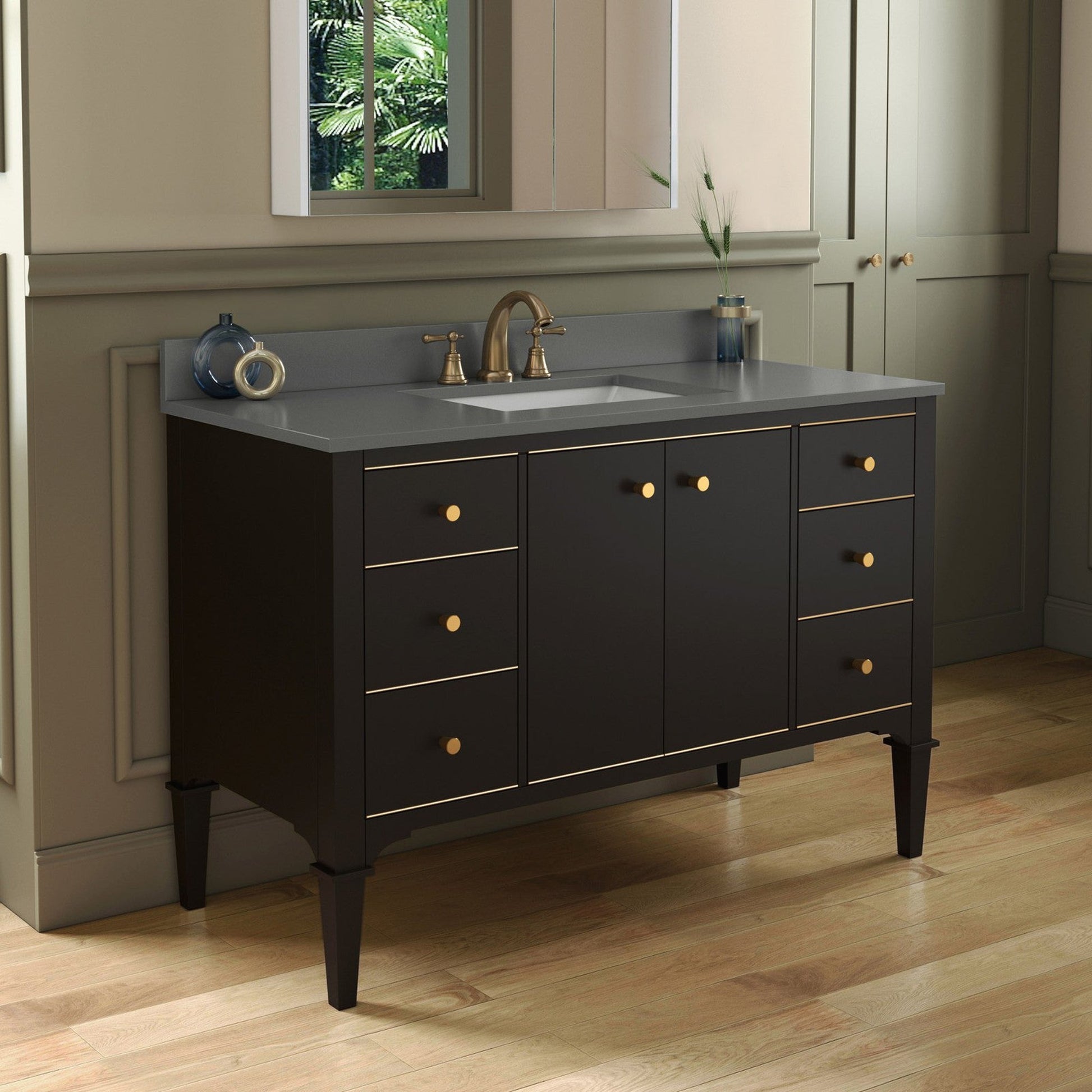 Woodbridge Roma 48" Espresso Solid Wood Vanity Base With Gold Hardware and Dark Gray Engineered Stone Composite Top With 3 Pre-Drilled Holes
