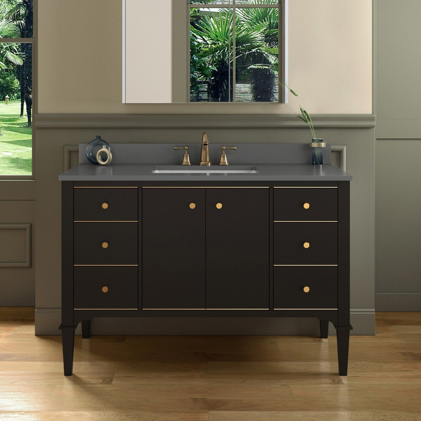 Woodbridge Roma 48" Espresso Solid Wood Vanity Base With Gold Hardware and Dark Gray Engineered Stone Composite Top With 3 Pre-Drilled Holes