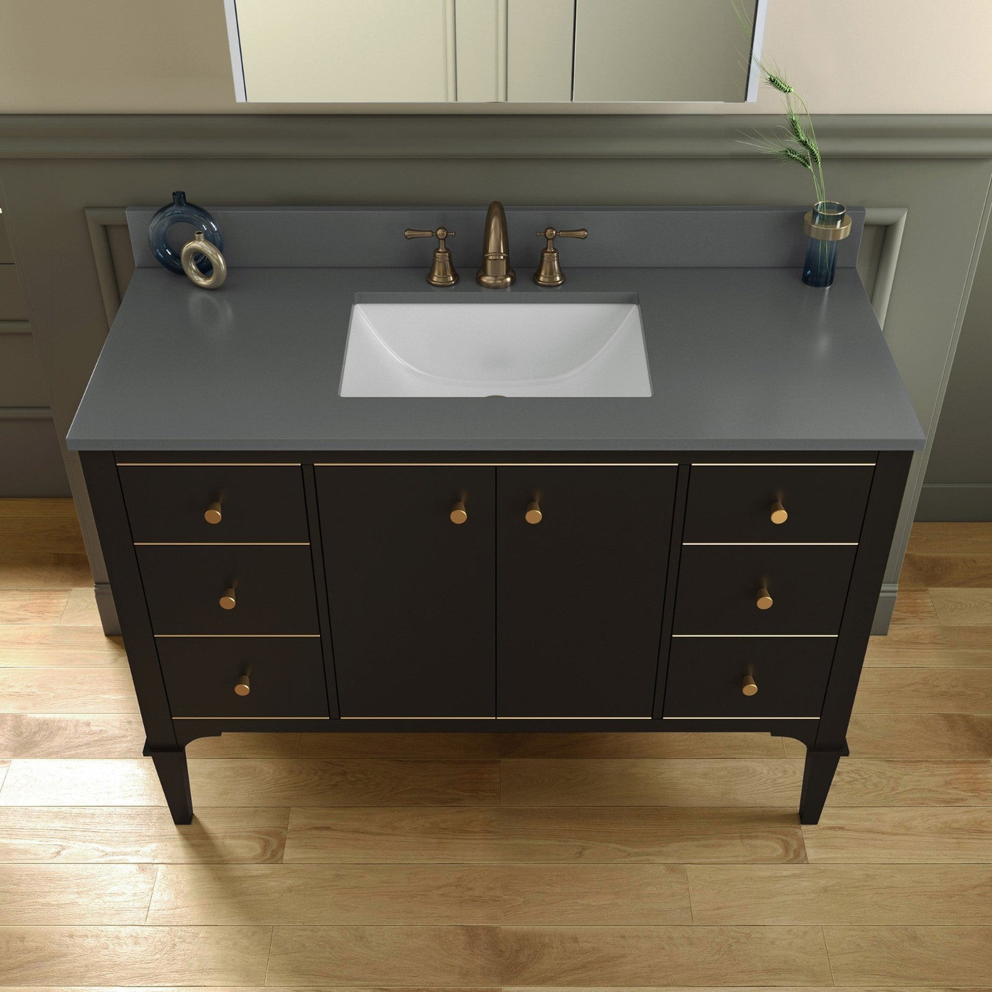 Woodbridge Roma 48" Espresso Solid Wood Vanity Base With Gold Hardware and Dark Gray Engineered Stone Composite Top With 3 Pre-Drilled Holes
