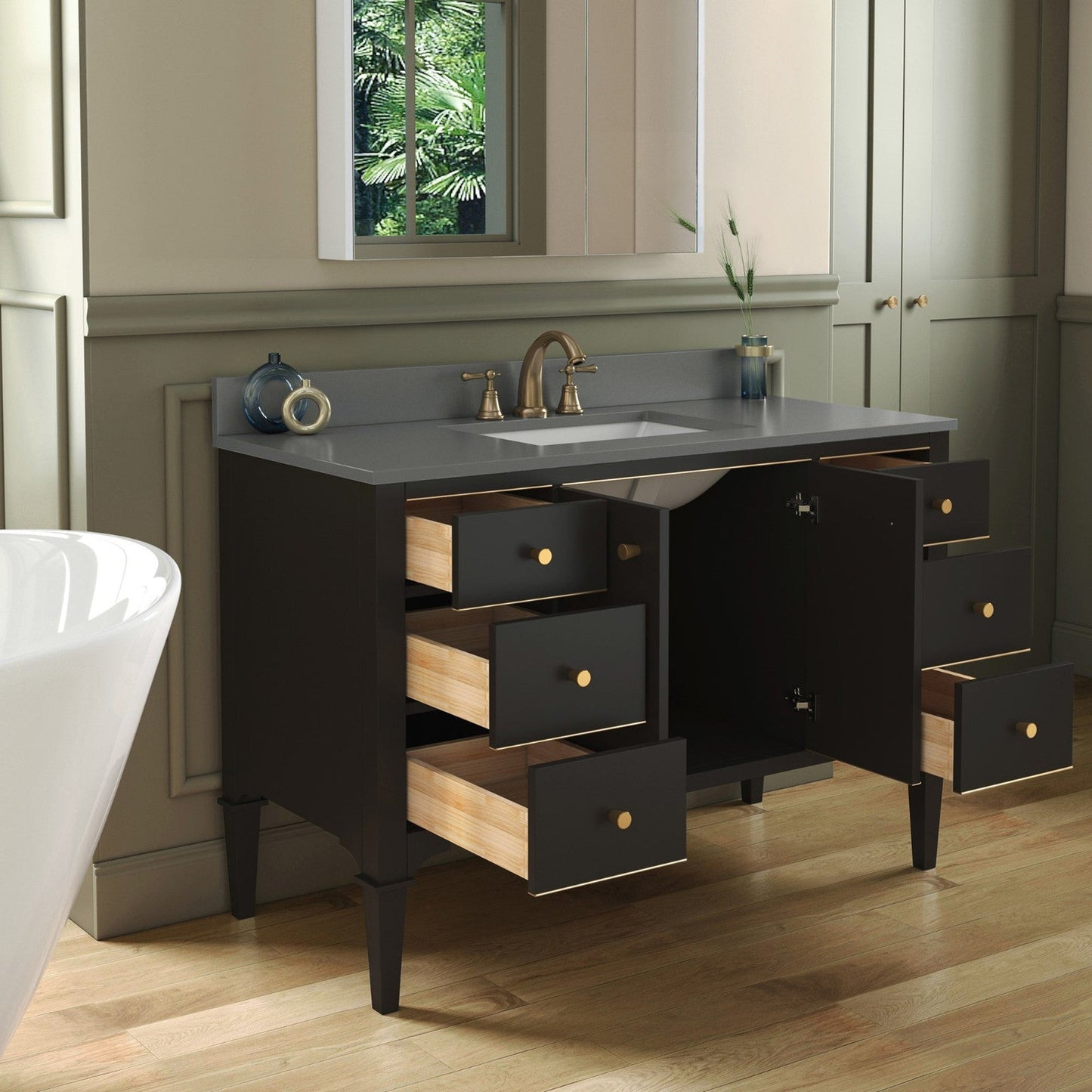 Woodbridge Roma 48" Espresso Solid Wood Vanity Base With Gold Hardware and Dark Gray Engineered Stone Composite Top With 3 Pre-Drilled Holes