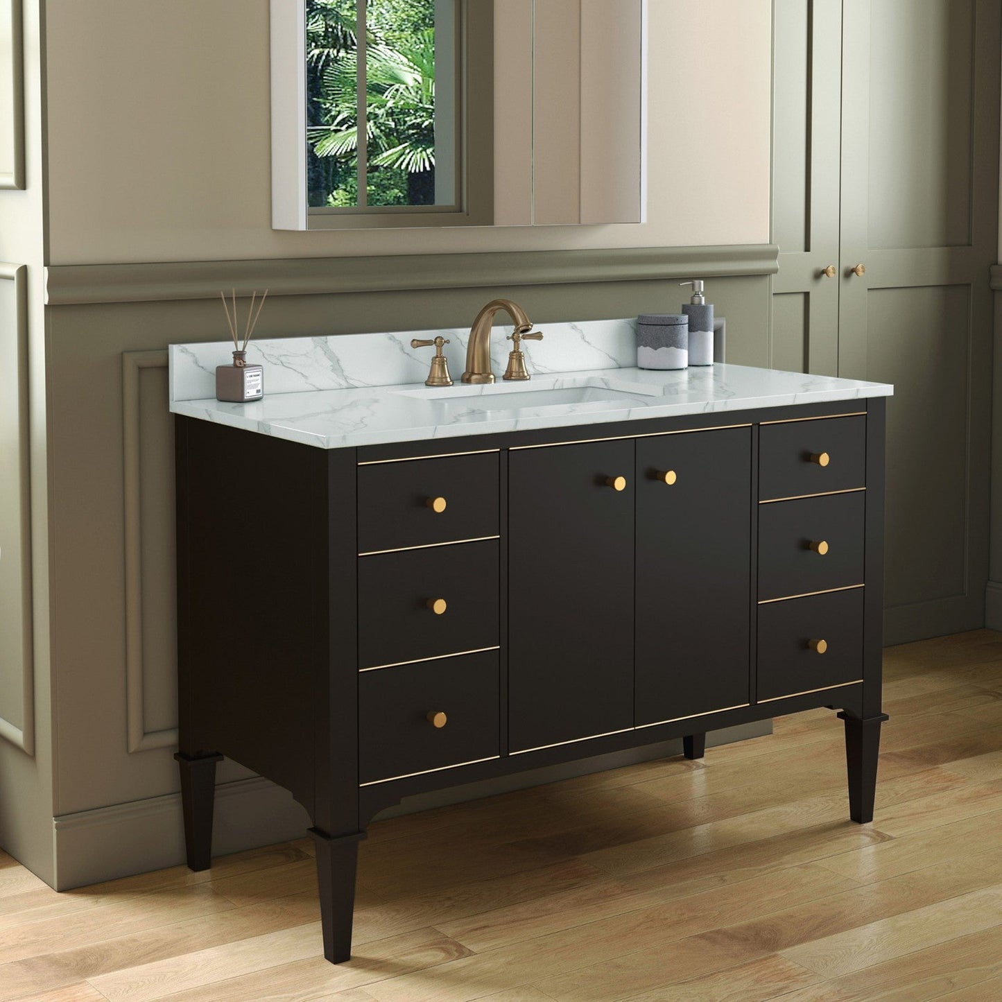 Woodbridge Roma 48" Espresso Solid Wood Vanity Base With Gold Hardware and Fish Belly Engineered Stone Composite Top With 3 Pre-Drilled Holes