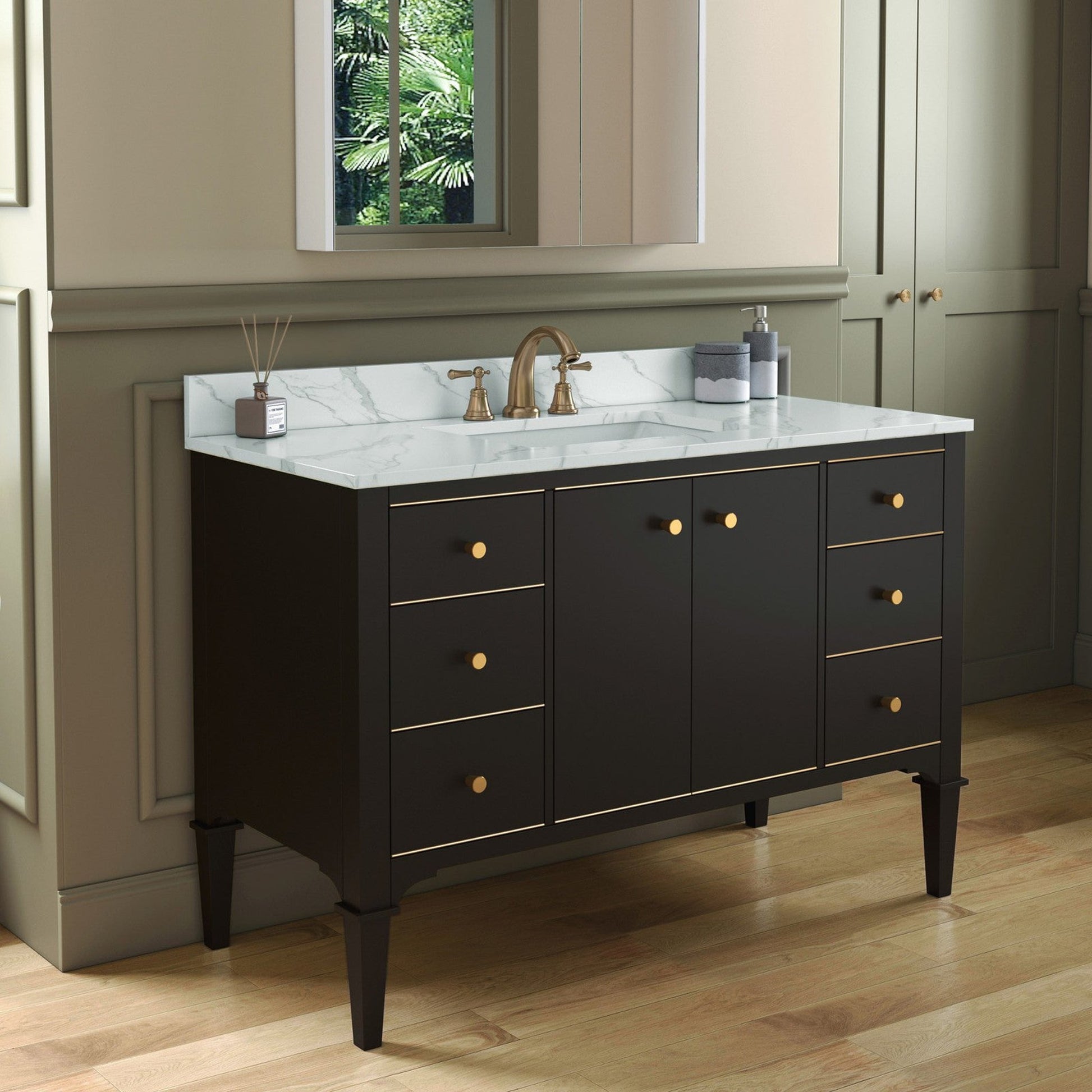 Woodbridge Roma 48" Espresso Solid Wood Vanity Base With Gold Hardware and Fish Belly Engineered Stone Composite Top With 3 Pre-Drilled Holes