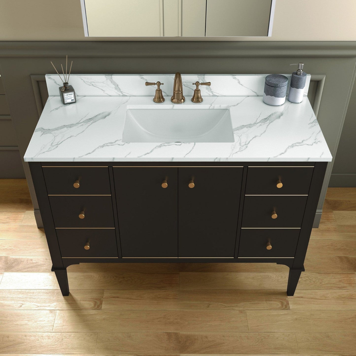 Woodbridge Roma 48" Espresso Solid Wood Vanity Base With Gold Hardware and Fish Belly Engineered Stone Composite Top With 3 Pre-Drilled Holes