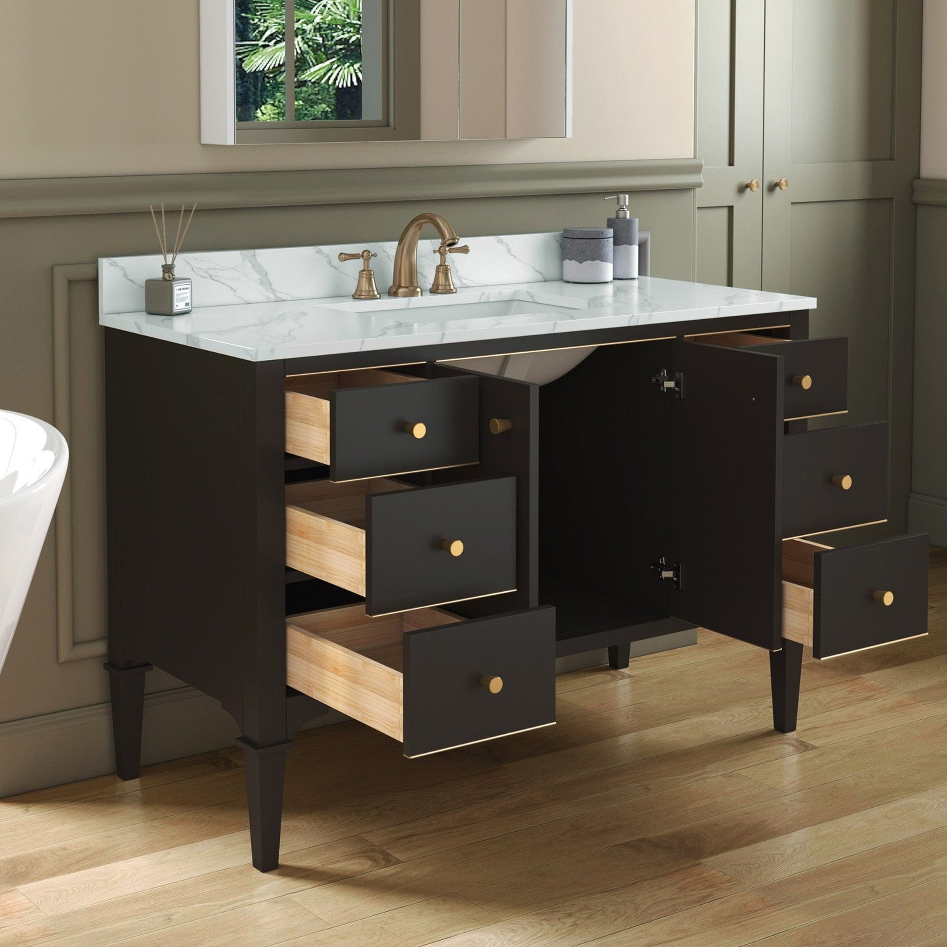 Woodbridge Roma 48" Espresso Solid Wood Vanity Base With Gold Hardware and Fish Belly Engineered Stone Composite Top With 3 Pre-Drilled Holes