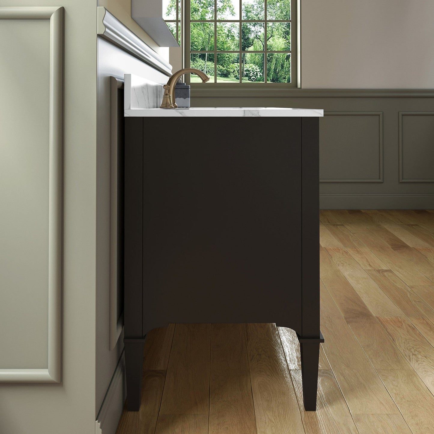 Woodbridge Roma 48" Espresso Solid Wood Vanity Base With Gold Hardware and Fish Belly Engineered Stone Composite Top With 3 Pre-Drilled Holes