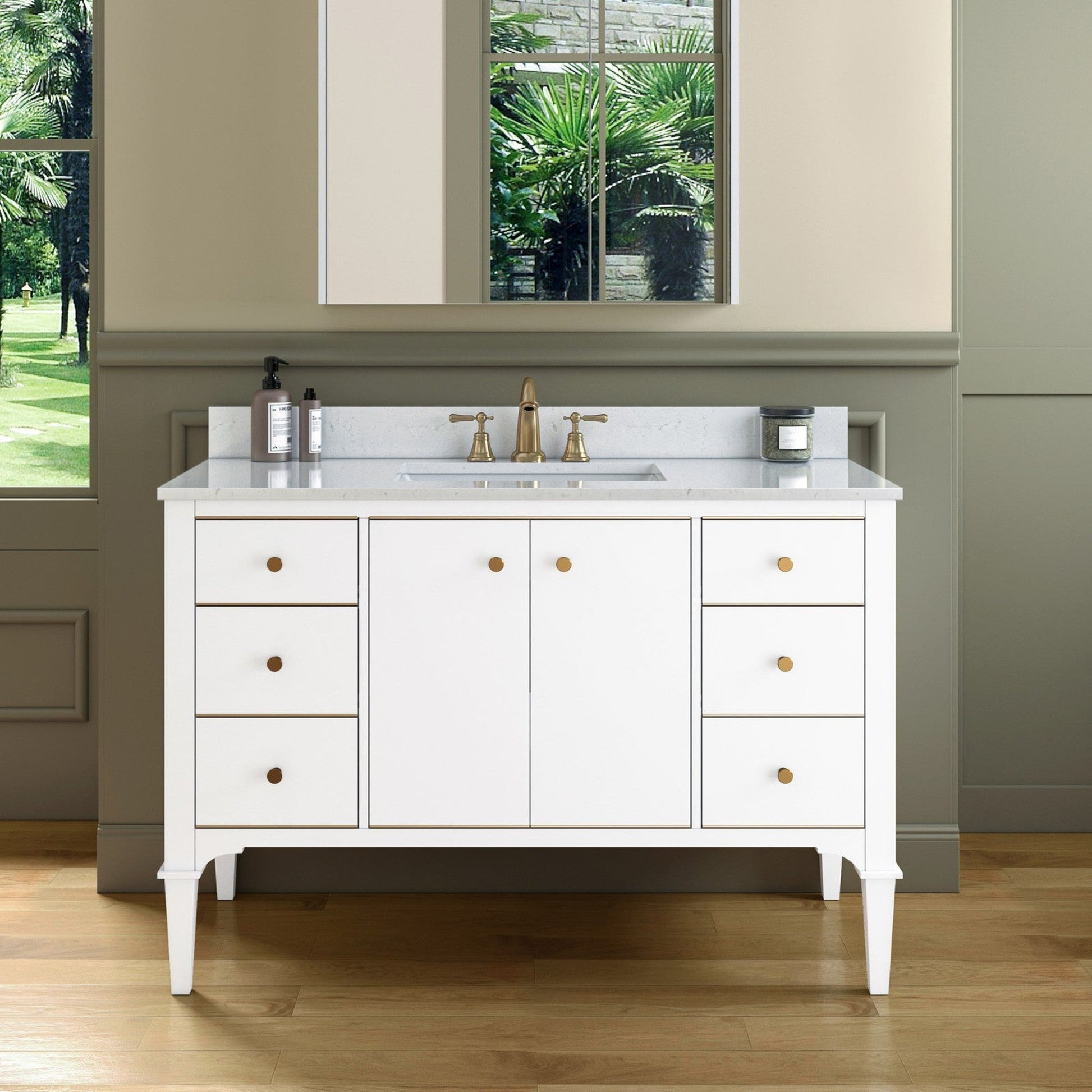 Woodbridge Roma 48" White Solid Wood Vanity Base With Gold Hardware and Carrara Engineered Stone Composite Top With 3 Pre-Drilled Holes