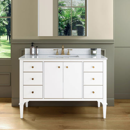 Woodbridge Roma 48" White Solid Wood Vanity Base With Gold Hardware and Carrara Engineered Stone Composite Top With 3 Pre-Drilled Holes